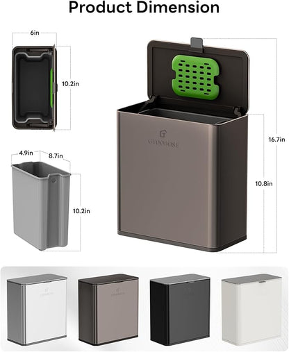 Kitchen Compost Bin, 8L/2.1G Small Trash Can with Lid, Slim Stainless Steel Hanging Garbage Bin for Kitchen, Bathroom, Bedroom, Office, Wall Mounted Compost Bin with Inner Bucket, Grey