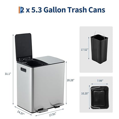 Dual 2 x 8 gal (2 x 30L) Compartments Stainless Steel Trash Can, Soft-Close Sealed Lid, Foldable Foot Pedal, Removable Inner Buckets, Removable Plastic Inner Buckets, Garbage Bin for Kitchen, Office