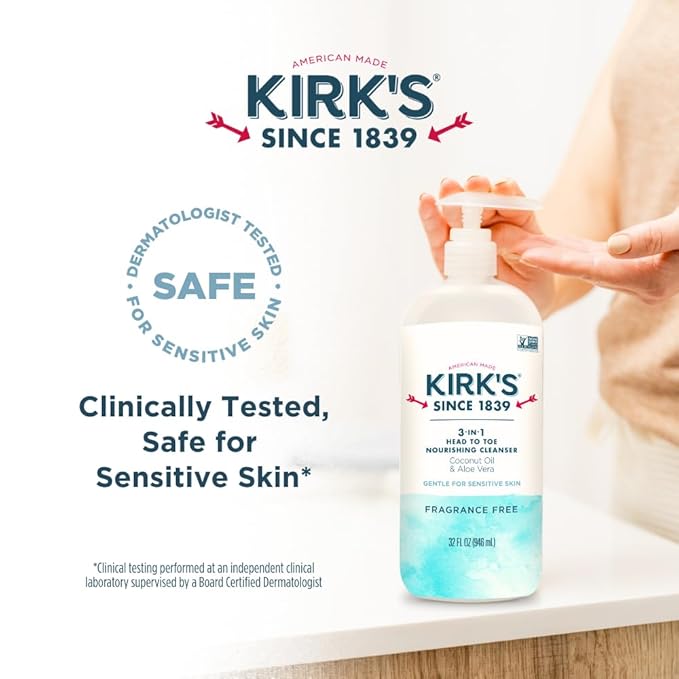 Kirk's Fragrance Free 3-in-1 Nourishing Cleanser, Shampoo Body Wash Bubble Bath, Coconut Oil and Aloe Vera, Vegan Non-GMO, 32 Fl Oz