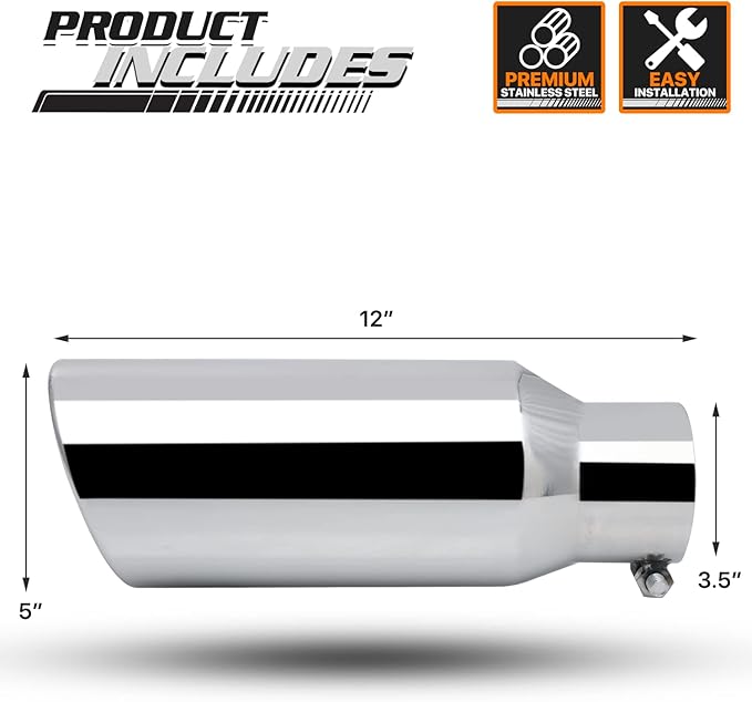 M-AUTO Single Chamber Muffler 12" Overall Length, 3.5" Inside Inlet and 5" Outlet Universal Stainless Steel Exhaust Muffler Assembly Roll and Angle Cut Tip, Chrome