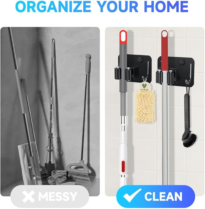 JAMEND CLXP 4-Pack Broom Holder with Heavy Duty Hooks, Upgraded Stainless Steel Mop Hanger. Wall Mount Utility Tool Rack for Kitchen Garden Laundry Garage. Matte Black.