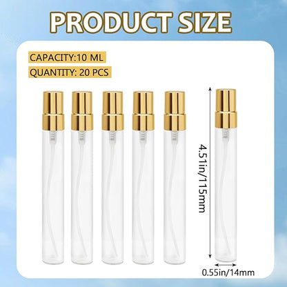 Zorfeter 20 PCS Clear 10ml Atomizer Glass Mist Spray Bottle, Refillable Mini Perfume Atomizer Travel Sample Bottle, Golden Makeup Container for Perfume/Travelers