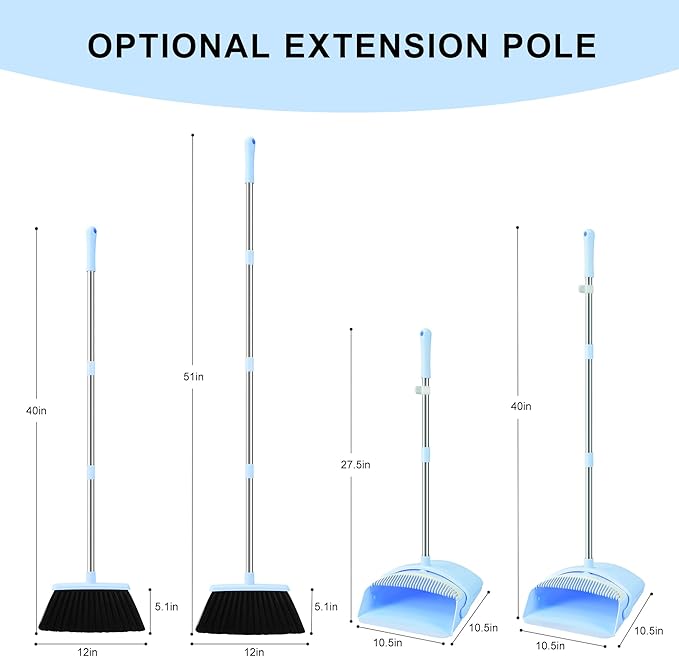 BSKLIN Broom and Dustpan Set House Brooms for Sweeping Indoor Collapsible Broom and Dust Pan Combo for Home Office Kitchen Lobby Floor Pet Hair (Small-Blue)