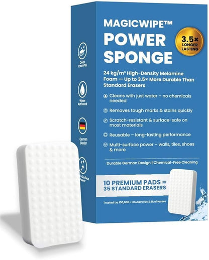 MagicWipe® Power Sponge – Magic Sponge Eraser (10 Pack) with High Density Melamine Foam for Heavy Duty, Multi-Surface Cleaning, Kitchen, Bathroom, Walls, Floors, Scuffs - No Chemicals