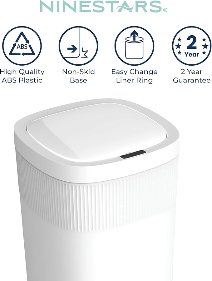 Ninestars Touch Tap & Motion Sensor Trash Can for Kitchen and Bedroom, 13 Gal 50L High-Grade ABS Body (Rectangular, White)