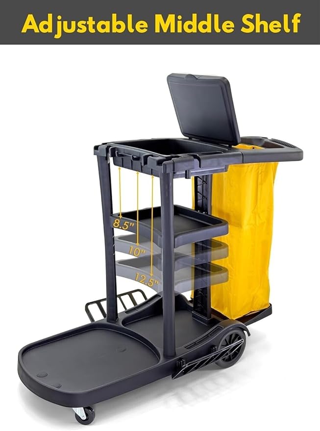 Durable Commercial Janitorial Cleaning Cart Caddy with Wheels Cover - 3 Shelves, Vinyl Bag L 52" x W 22" x H 40" Heavy Duty, Black for Housekeeping Office, Stores, Schools