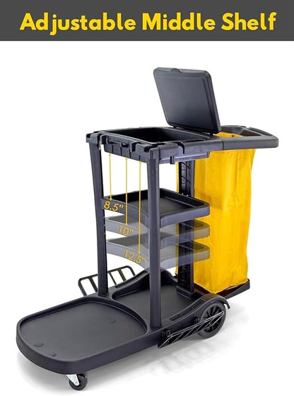 Durable Commercial Janitorial Cleaning Cart Caddy with Wheels Cover - 3 Shelves, Vinyl Bag L 52" x W 22" x H 40" Heavy Duty, Black for Housekeeping Office, Stores, Schools