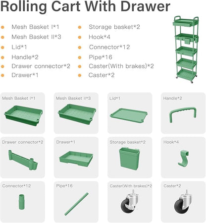 Sorgion 5 Tier Rolling Cart Organizer,Bathroom Cart Organizers with Wheels Laundry Room Organization Mobile Shelving Unit Utility Cart Storage Shelves Multi-Functional for Office, Home(Green)