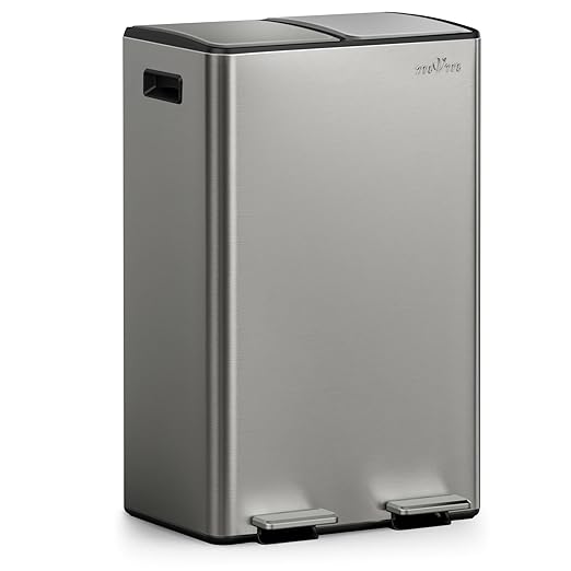 mVm 16(2x8) Gal Dual Trash Can, Stainless Steel Trash Can with Thick Lids, Recycling Bin for Kitchen Home Office (Gray)