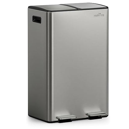 mVm 16(2x8) Gal Dual Trash Can, Stainless Steel Trash Can with Thick Lids, Recycling Bin for Kitchen Home Office (Gray)
