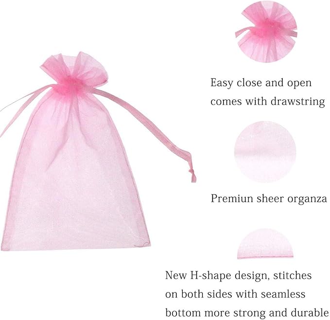 100 Pcs 5x7 inches Gift Wrap Bags Pink, Organza Sheer See Through Fabric, Drawstring Satin Ribbon Pouches for Baby Shower Favor, Party Wedding Favors Decoration, Card Deck, Jewelery, Boys Holiday Gift