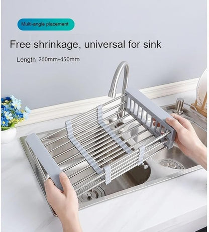Adjustable Dish Drying Rack with Stainless Steel Drain Basket Over-The-Sink - Portable & Telescopic Space-Saving Solution for Fruit Vegetable