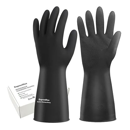 Heavy-Duty Thick Rubber Cleaning Gloves - 3 Pairs of Extra-Large Black Reusable Waterproof Non-Slip Gloves for Dishwashing and Kitchen Cleaning