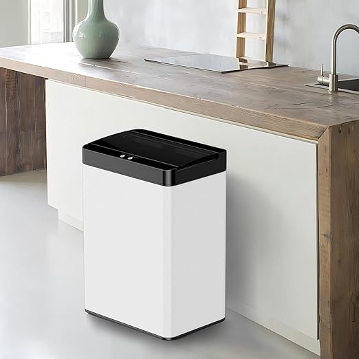 13 Gallon Trash Can Kitchen Trash Can with Lid High Capacity Automatic Garbage Can Stainless Steel Motion Sensor Trash Bin for Kitchen Bedroom, White
