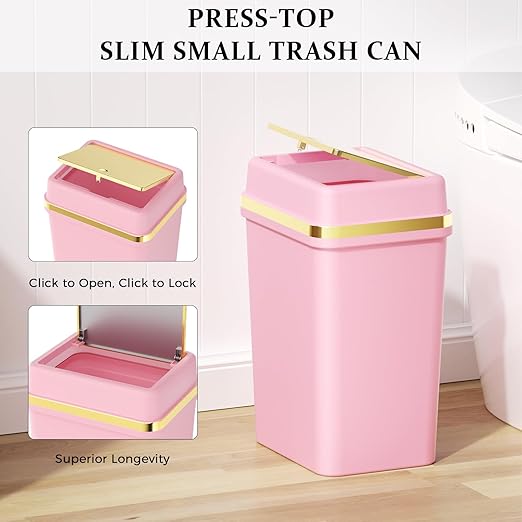 3 Pack Bathroom Trash Can with Lid 4 Gallon Small Trash Can with Press Top Lid Bathroom Garbage Can with 150 Counts Trash Bags for Kitchen Bedroom Office(Black White Pink)
