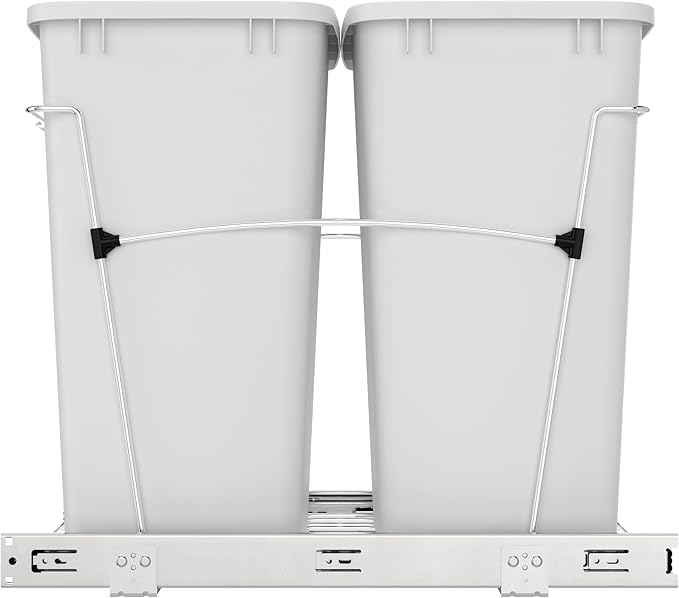 Rev-A-Shelf Double 35 Qt Pullout Trash Can for Base Kitchen Cabinets, Garbage Waste Bin System with Full-Extension Slides, Min Opening Width of 14.5" White/Chrome, RV-18KD-11C S