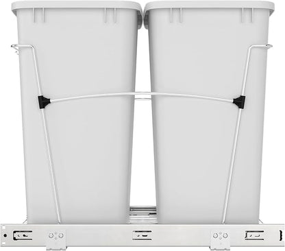 Rev-A-Shelf Double 35 Qt Pullout Trash Can for Base Kitchen Cabinets, Garbage Waste Bin System with Full-Extension Slides, Min Opening Width of 14.5" White/Chrome, RV-18KD-11C S