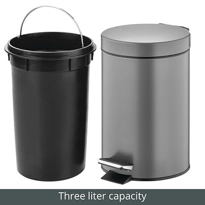 mDesign Pedal Bin — Metal Waste Bin with Pedal, Lid and Plastic Bucket Insert — for Bathroom, Kitchen, and Office — 3 Litre Household Rubbish Bin with Ergonomic Design — Graphite Grey