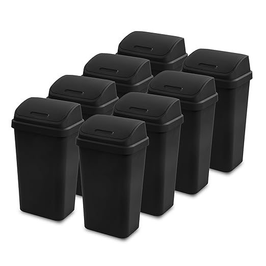 Sterilite 8-Pack Swing Top Wastebasket, Sleek Square Profile Trash Can, 13 Gallon, Black - Modern Garbage Bin for Kitchen, Bathroom, Garage and Workspace, Fits 13 Gal Liners