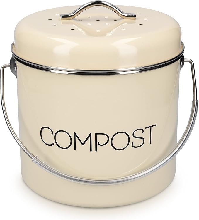 Navaris Compost Bin for Kitchen Counter - 0.8 Gallon (3L) Metal Countertop Indoor Composter Bucket with Charcoal Filters and Lid - Cream, Size Small