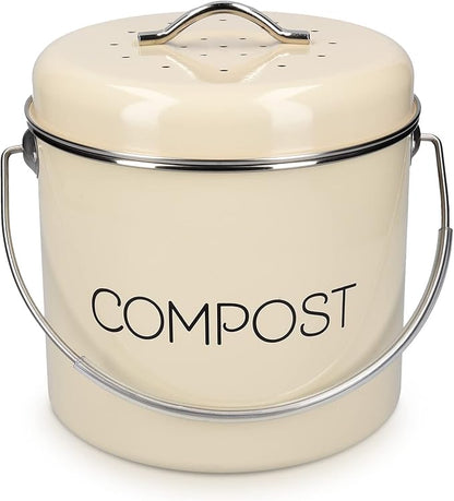 Navaris Compost Bin for Kitchen Counter - 0.8 Gallon (3L) Metal Countertop Indoor Composter Bucket with Charcoal Filters and Lid - Cream, Size Small