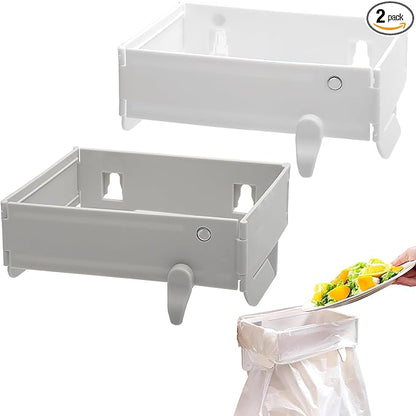 2-Pack Over the Cabinet Trash Bag Holder, Stainless Steel Hanging Garbage Organizer for Kitchen Cabinet Door, Portable Grocery Bag Support for Under Sink, RV, Bathroom and Pantry, White