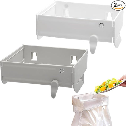 2-Pack Over the Cabinet Trash Bag Holder, Stainless Steel Hanging Garbage Organizer for Kitchen Cabinet Door, Portable Grocery Bag Support for Under Sink, RV, Bathroom and Pantry, White
