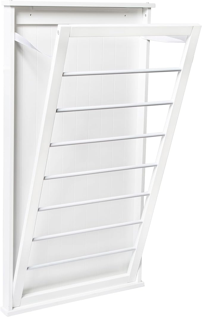 Honey-Can-Do Wall-Mounted Wooden Clothes Drying Rack with Drying Rod, Foldable Space-Saving Laundry Rack, Holds 30 lbs, Stylish White MDF Design for Laundry Room Bathroom, 23"W x 42"H