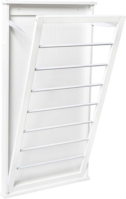 Honey-Can-Do Wall-Mounted Wooden Clothes Drying Rack with Drying Rod, Foldable Space-Saving Laundry Rack, Holds 30 lbs, Stylish White MDF Design for Laundry Room Bathroom, 23"W x 42"H