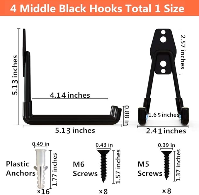 Storage Double Hooks Garage Space Saver Organizer Utility Hanger,Rack Extended Wall Mount Tool Heavy Duty Steel Holder with Anti-Slip Coating, 4 Pack 5.1" Garage Hook