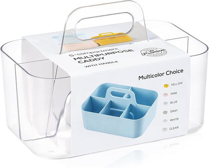 Multiuse Caddy Organizer with Handle, Portable Divided Plastic Tote Bin - Art Craft, Stationary Pen Marker Crayons, Makeup Hair Supplies Storage - Bathroom, Classroom, Dorm, Office, Desk Holder -Clear