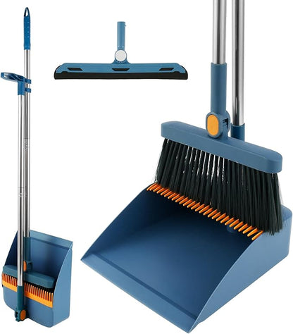 3Pcs Floor Sweeping Set, Broom and Dustpan Set for Home, 180°Rotating 2023 Indoor Broom, Foldable Stand Dustpan and Broom Combo, with Comb Teeth, for Kitchen Office Home Floor (Blue)
