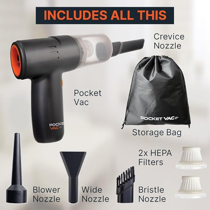 Pocket Vac 2-in-1 Cordless Handheld Vacuum and Blower – Rechargeable, Compact, Portable Mini Vacuum Cleaner for Car, Home, Kitchen, Pet Hair and Crumbs – with Reusable HEPA Filter – Great Gift Idea