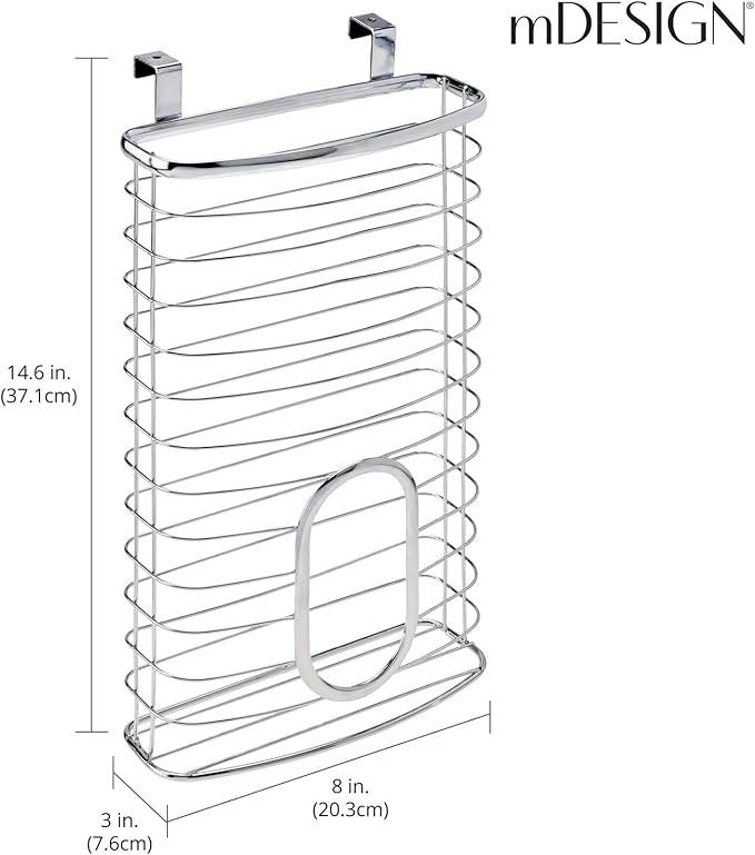 mDesign Steel Hanging Cabinet Storage Organizer Holder for Kitchen, Pantry - Holds Plastic, Sandwich, Garbage, Grocery and Trash Bags; Wrap, Foil, Pack - Spira Collection - Chrome