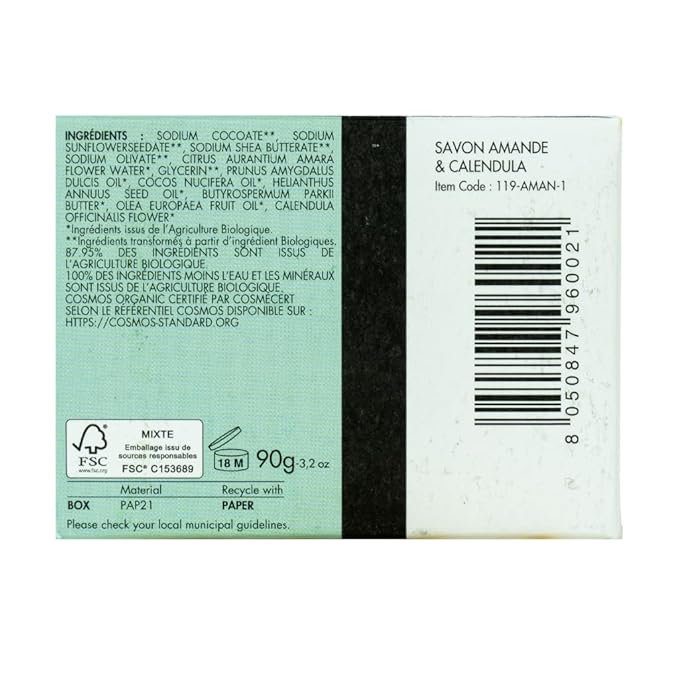 Almond & Calendula Soap Bar, French Artisnal Fine Soap, for Sensitive and Delicate Skin, Unscented, for Face, Body and Hands Wash, 3.2 oz