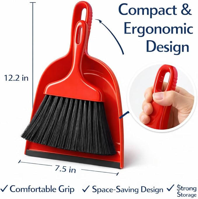 Heavy Duty Whisk Broom and Dustpan Set with Red Handle & Black Bristles, Compact Handheld Cleaning Combo for Home, Kitchen, Office, Garage & Car