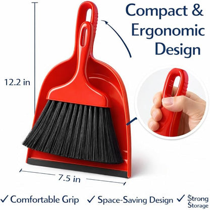 Heavy Duty Whisk Broom and Dustpan Set with Red Handle & Black Bristles, Compact Handheld Cleaning Combo for Home, Kitchen, Office, Garage & Car