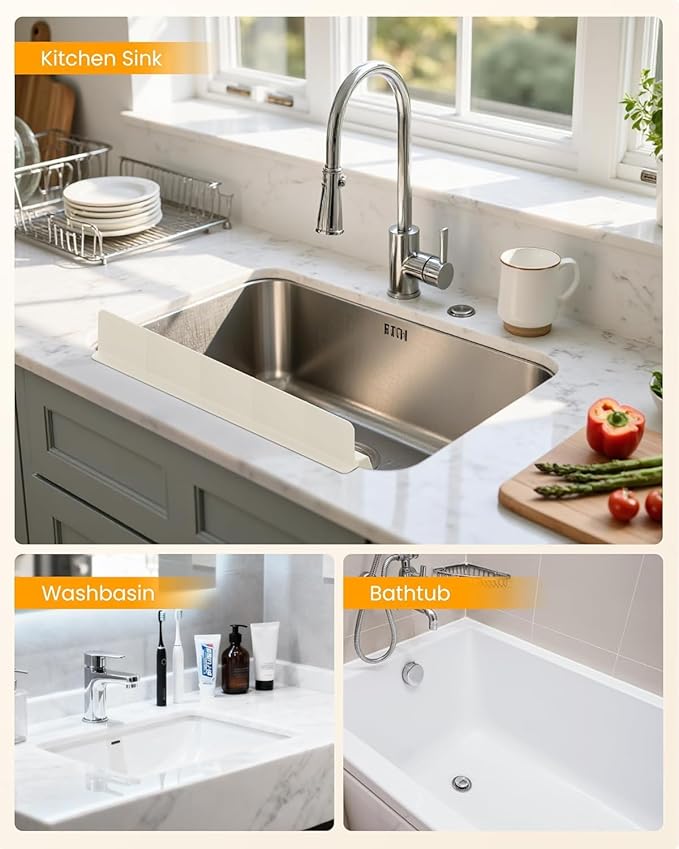 Kitchen Sink Splash Guard 30" 23" 18" Silicone Water Guard with Suction Cups, Faucet & Countertop Protector, Bathroom & Sink Edge Splash Guard Strip, Easy Install, Dishwasher Safe-Cream