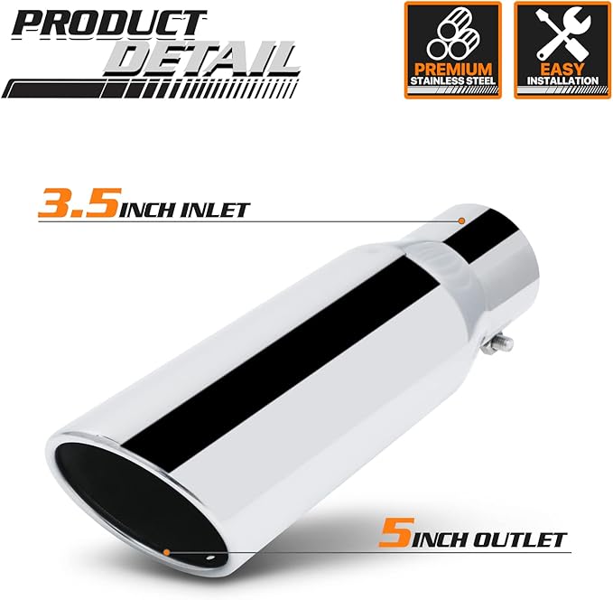 M-AUTO Single Chamber Muffler 12" Overall Length, 3.5" Inside Inlet and 5" Outlet Universal Stainless Steel Exhaust Muffler Assembly Roll and Angle Cut Tip, Chrome