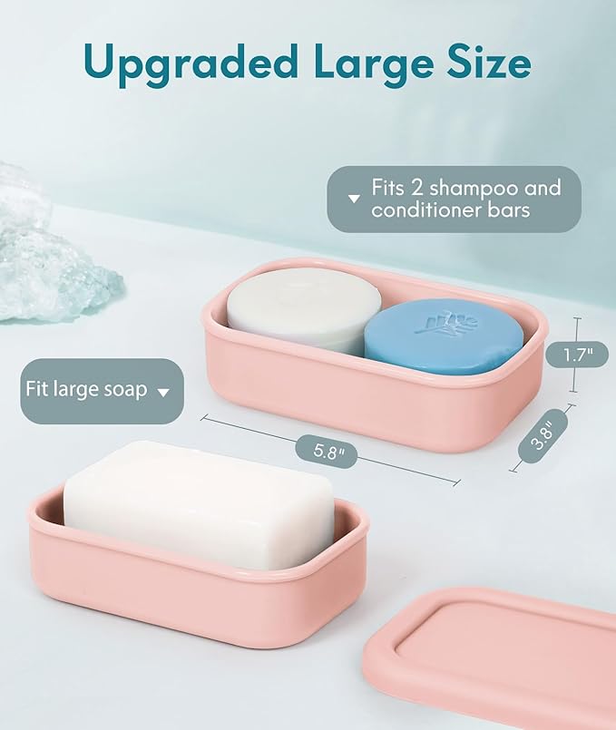 Quatish Solid Shampoo Bar Holder, Large Leakproof Travel Soap Case, Silicone Soap Box with Draining Layer, Enhanced Soap Container, Suitable for Camping, Gym, Bathroom, Outdoor Essentials, Pink