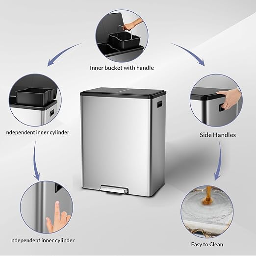 Large Stainless Steel Dual Compartment Recycling Trash Can 60 l/16 Gal Recycle Bins with Lid Waste Bin with Removable Buckets, Bathroom,Kitchen Garbage Can