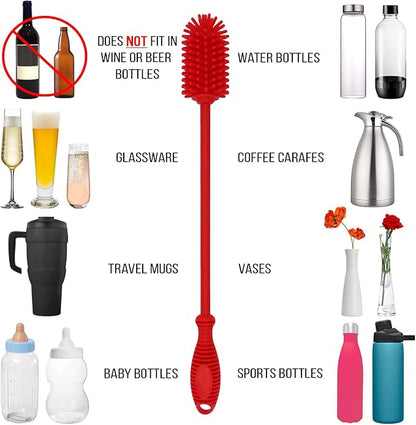 Kitchiny Silicone Bottle Brush with 2 Straw Cleaners - 12.5” Water Bottle Cleaner Brush for Yeti, Hydro Flask, Owala, Stanley, Baby Bottles, Glassware, Vases & Narrow Neck Containers - Red