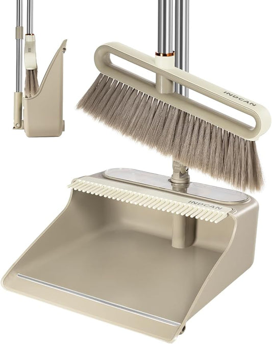 INDCAN Broom and Dustpan Set with 52" Adjustable Long Handle, Upright Standing Dustpan with Comb Teeth, Foldable Dustpan, Angled Broom Head for Corners, Indoor Floor Sweeping Set (Santra Lite)
