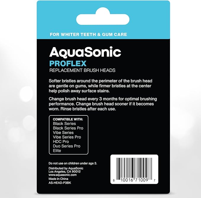 AquaSonic Genuine Proflex Replacement Brush Heads | ADA Accepted | for Whiter Teeth & Gum Care | Compatible with Many AquaSonic Toothbrush Handles (3 Pack Black)