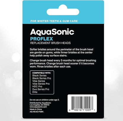 AquaSonic Genuine Proflex Replacement Brush Heads | ADA Accepted | for Whiter Teeth & Gum Care | Compatible with Many AquaSonic Toothbrush Handles (3 Pack Black)