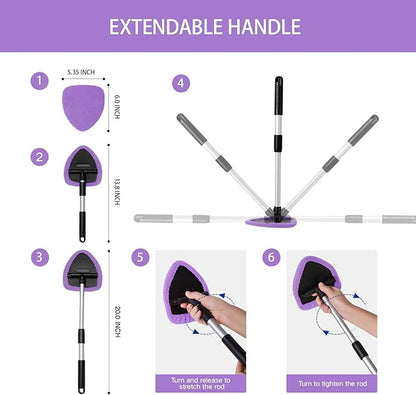 Qydipclin 10pcs Windshield Cleaning Tool Inside Car Window Cleaner Wash Kit with 4 Reusable Microfiber Pads 1 Spray Bottle and Extendable Handle Interior Auto Glass Wiper Kit, Purple