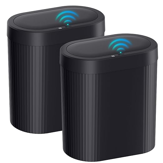 jinligogo 2 Pack 5 Gallon Bathroom Trash Can with Lid, Automatic Motion Sensor Black Trash Can, Touchless Slim Waterproof Garbage Bin for Kitchen, Bedroom, Office, and Bathroom
