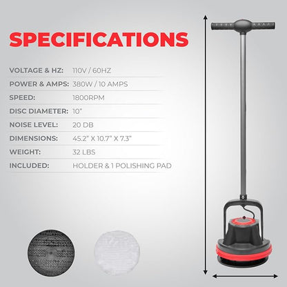 XtremepowerUS 10" Heavy Duty Commercial Pad Polisher Orbiter Hard Floor Buff Cleaner Machine, Wide Cleaning Path Floor Cleaning, 39ft Cord