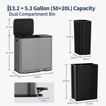 Dual Kitchen Trash Can 13.2 + 5.2 Gal (50+20L) Stainless Steel Trash Cans with Soft Close Lid Large Double Garbage and Recycling Bin with 2 Removable Inner Buckets Step-on Metal Garbage Cans Gray