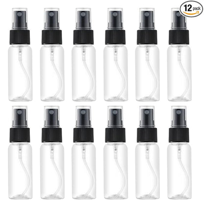 LISAPACK 1oz Small Plastic Spray Bottle (12 Pack) Empty Mini Fine Mist Travel Size Atomizer, Tiny Sprayer for Little Perfume, Water, Cologne, Alcohol, Samples (Clear, 30ml)